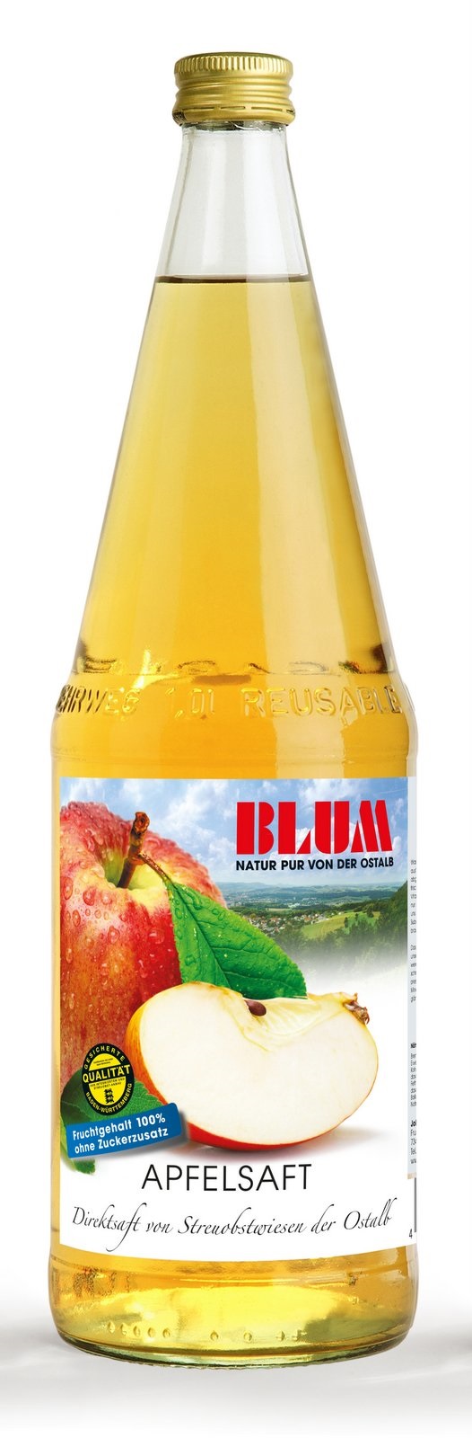 Flasche Blum Apfelsaft klar, Direktsaft von Streuobstwiesen der Ostalb