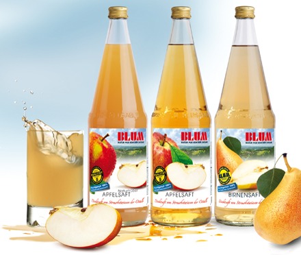 Blum Fruchtsäfte im Überblick: Apfelsaft naturtrüb, Apfelsaft klar und Birnensaft mit frischem Obst