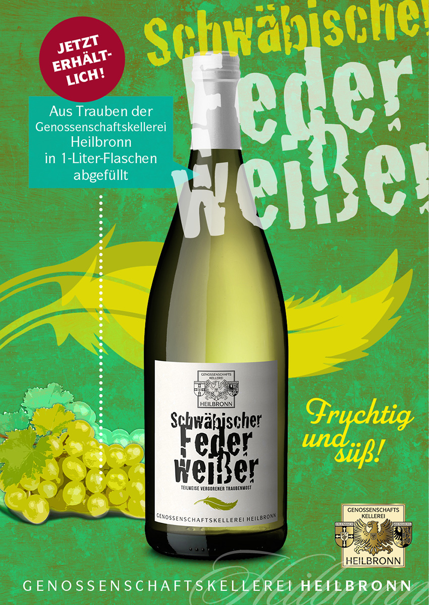 Werbeplakat Schwäbischer Federweißer der Genossenschaftskellerei Heilbronn, jetzt erhältlich in 1-Liter-Flaschen